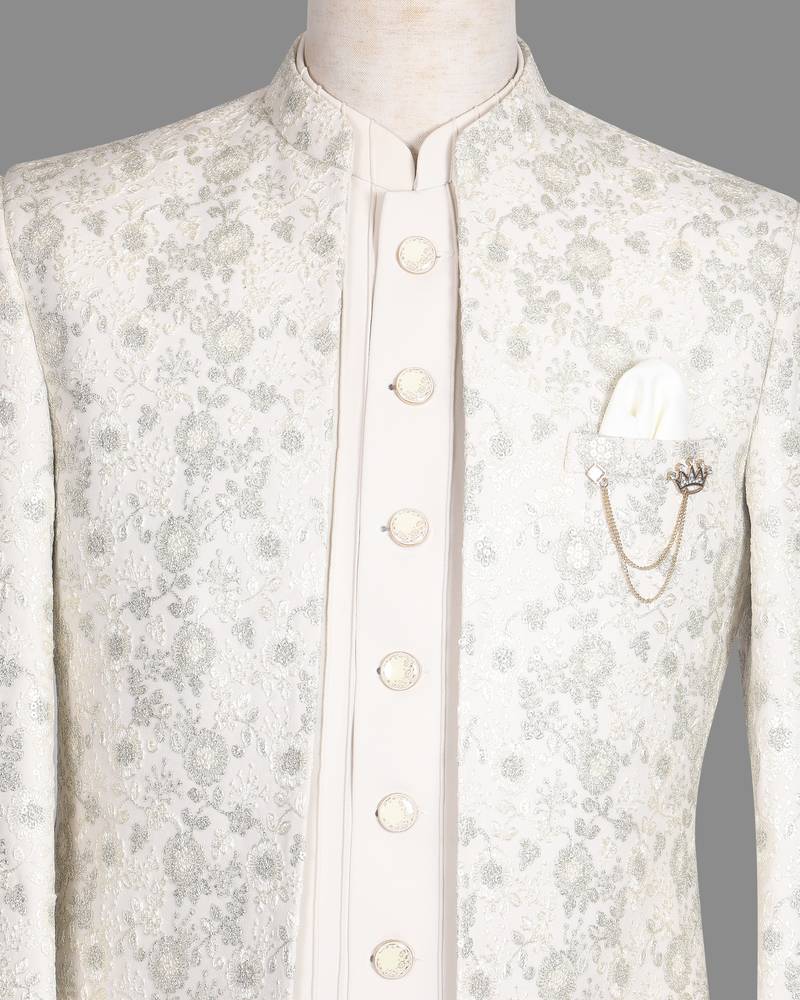 Ivory floral jacquard bandhgala suit for men
