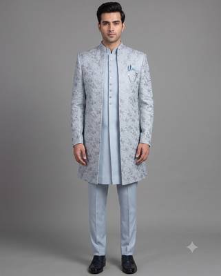 Light blue floral jacquard open indowestern suit for men 1