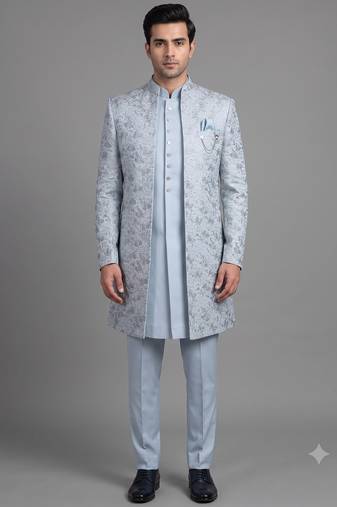 Light blue floral jacquard open indowestern suit for men