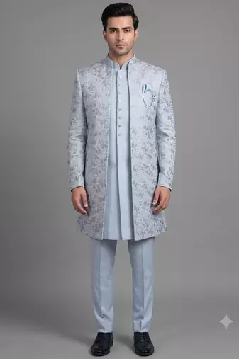 Light blue floral jacquard open indowestern suit for men