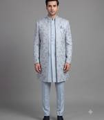 Light blue floral jacquard open indowestern suit for men