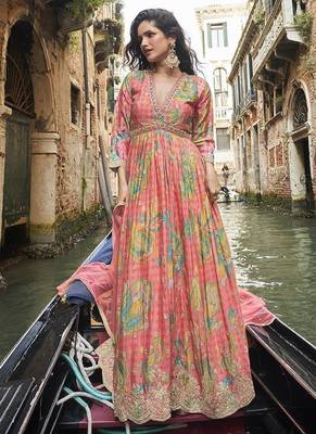 Peach digital printed chinon silk embroidered readymade gown with dupatta 1