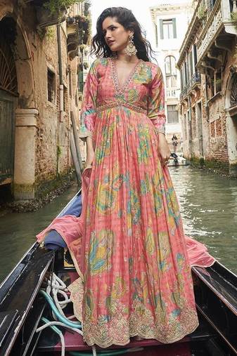 Peach digital printed chinon silk embroidered readymade gown with dupatta