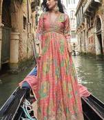 Peach digital printed chinon silk embroidered readymade gown with dupatta