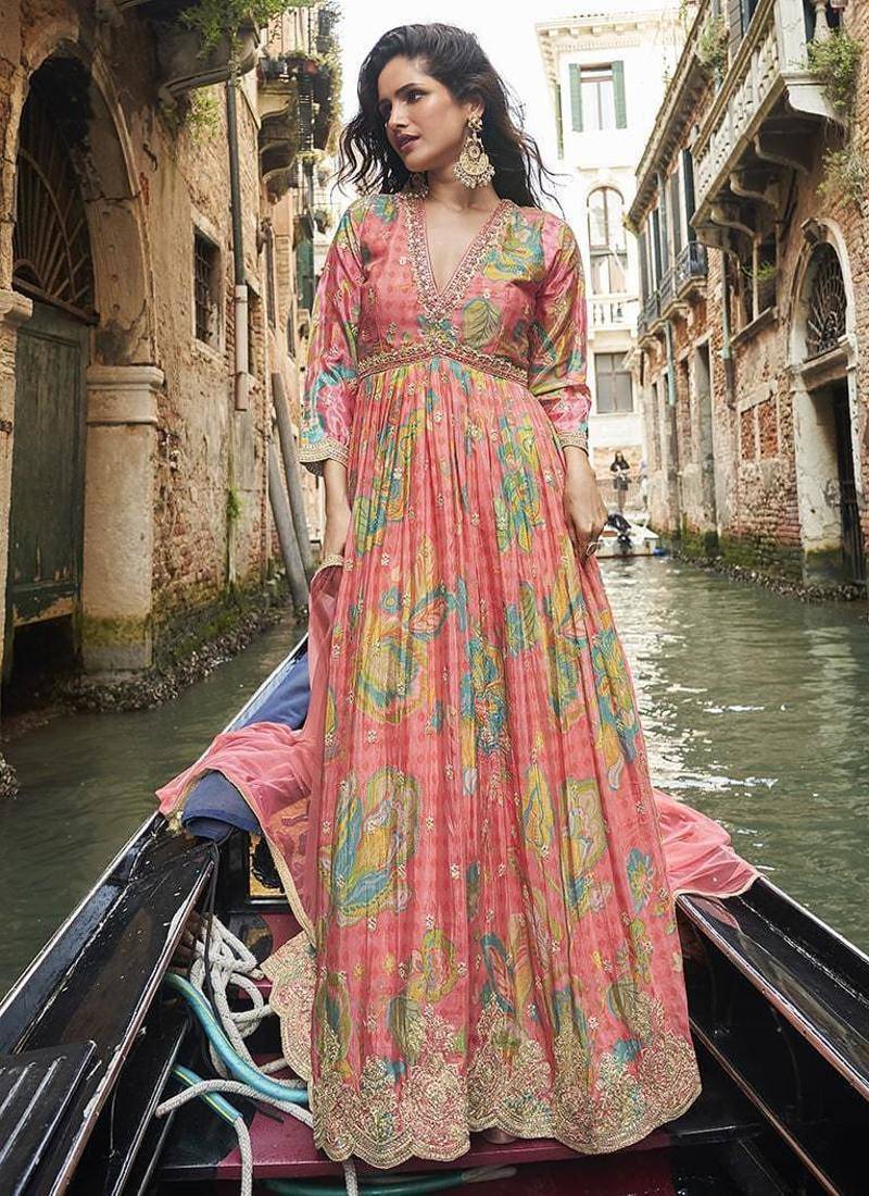 Peach digital printed chinon silk embroidered readymade gown with dupatta