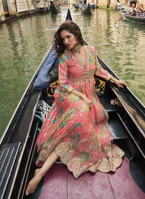 Peach digital printed chinon silk embroidered readymade gown with dupatta 2