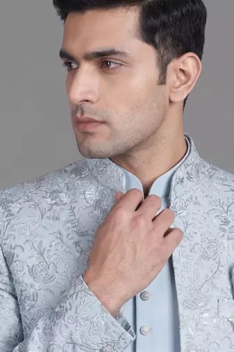 Light blue floral jacquard open indowestern suit for men