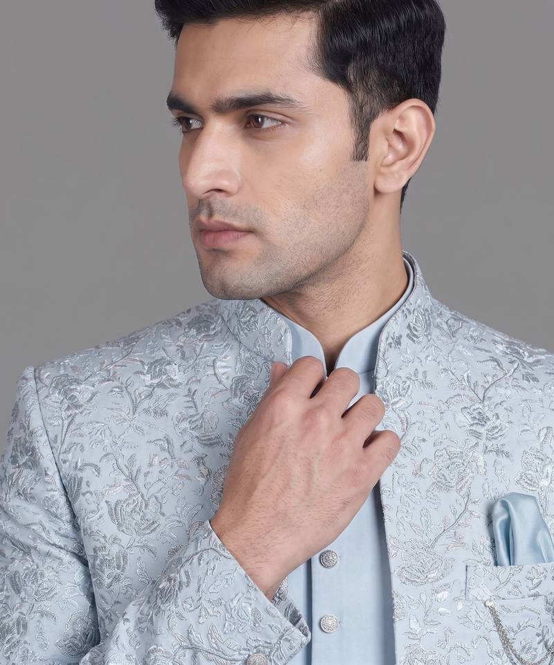 Light blue floral jacquard open indowestern suit for men