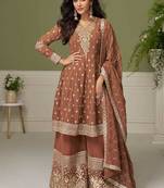Faux georgette brown embroidered readymade salwar kameez
