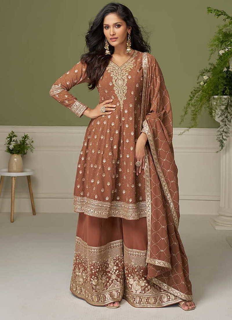 Faux georgette brown embroidered readymade salwar kameez