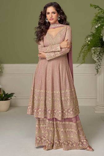 Faux georgette light pink embroidered readymade salwar kameez