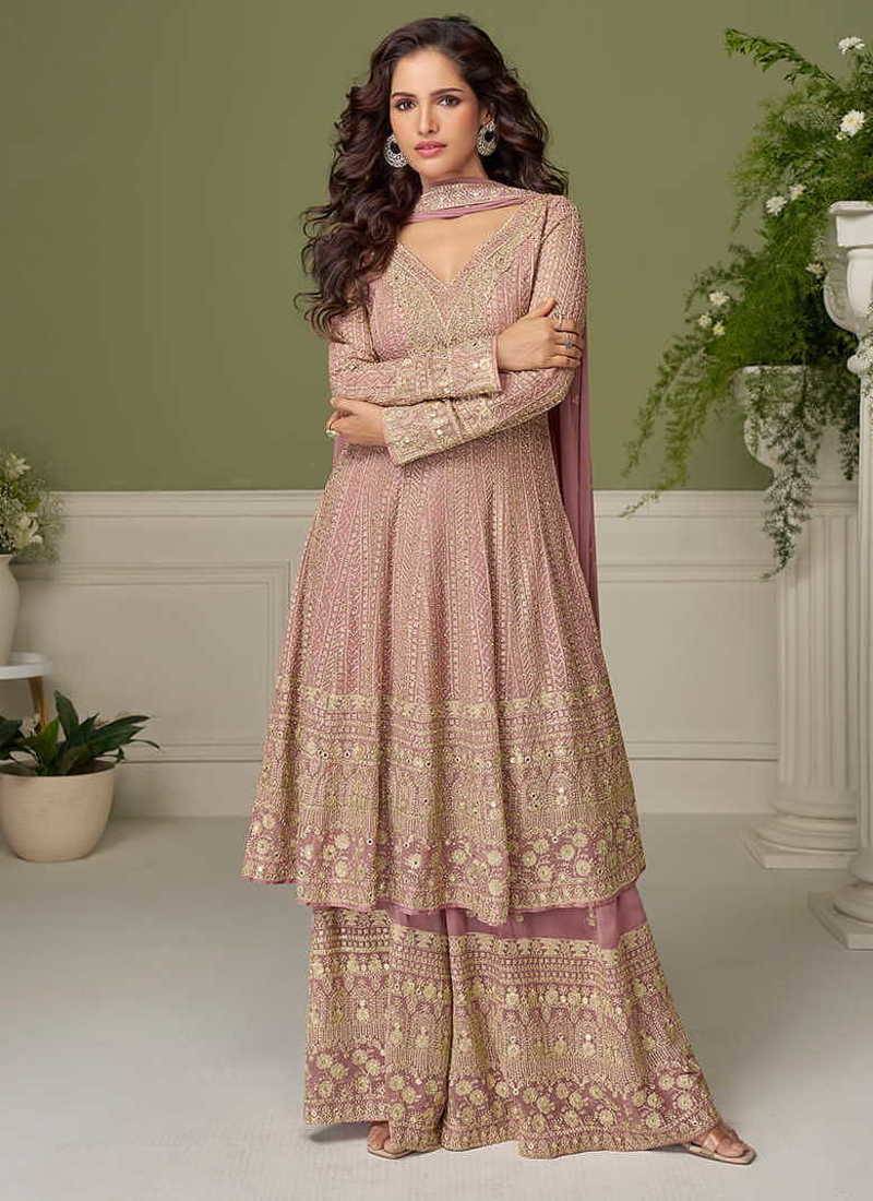 Faux georgette light pink embroidered readymade salwar kameez