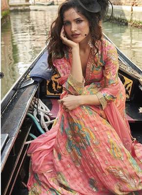 Peach digital printed chinon silk embroidered readymade gown with dupatta 3