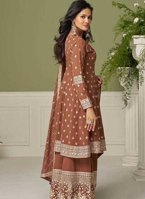 Faux georgette brown embroidered readymade salwar kameez 2