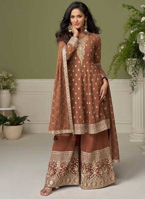 Faux georgette brown embroidered readymade salwar kameez 3