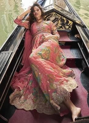 Peach digital printed chinon silk embroidered readymade gown with dupatta 4