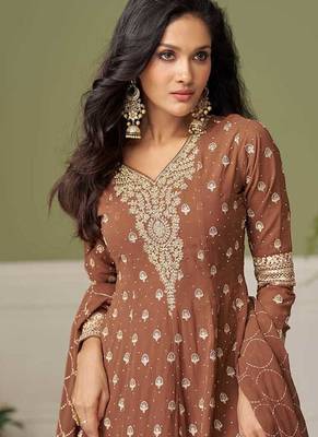 Faux georgette brown embroidered readymade salwar kameez 4