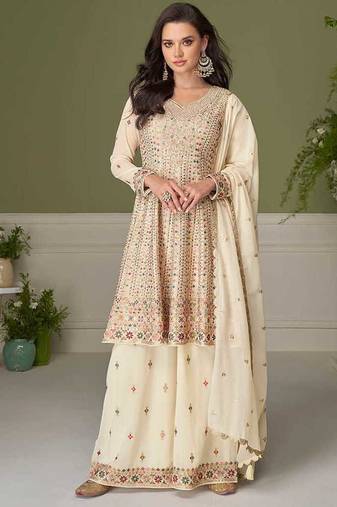 Faux georgette cream embroidered readymade salwar kameez