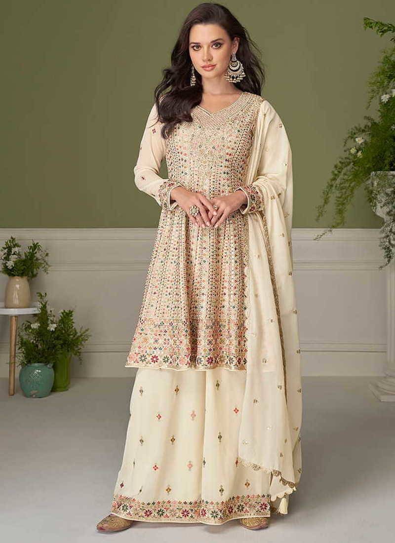 Faux georgette cream embroidered readymade salwar kameez