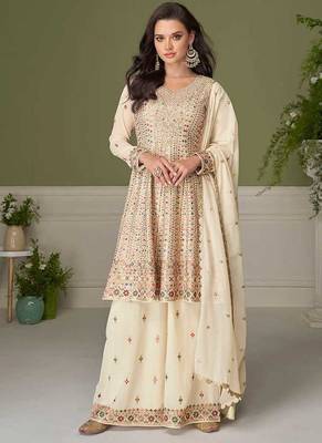 Faux georgette cream embroidered readymade salwar kameez 2