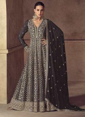 Black embroidered chinon engagement designer readymade anarkali gown with dupatta 1