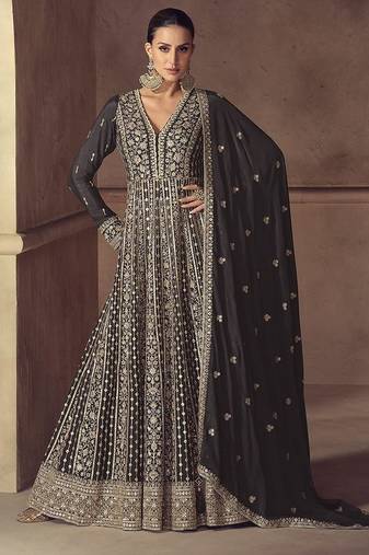 Black embroidered chinon engagement designer readymade anarkali gown with dupatta