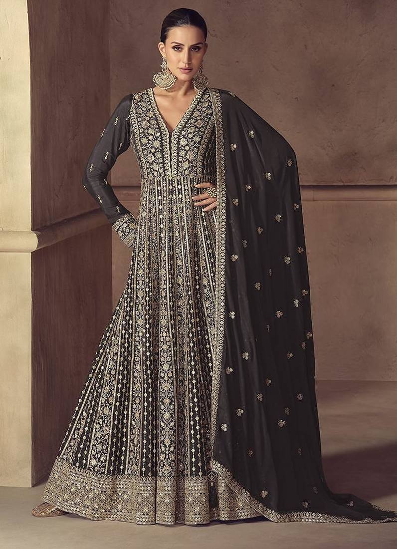 Black embroidered chinon engagement designer readymade anarkali gown with dupatta