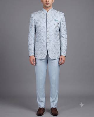 Light blue floral jacquard bandhgala suit for men 1