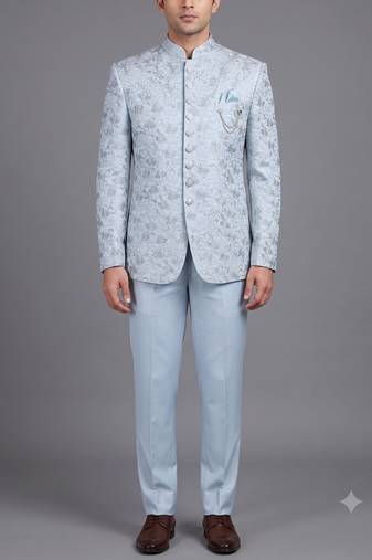 Light blue floral jacquard bandhgala suit for men