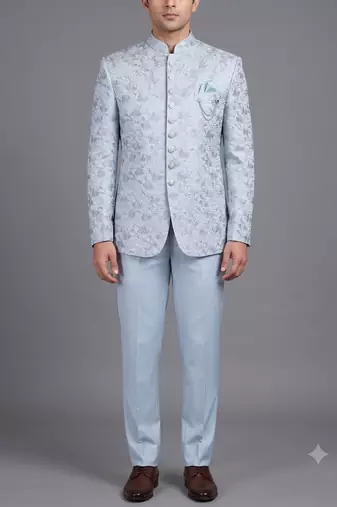 Light blue floral jacquard bandhgala suit for men