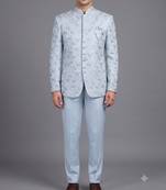Light blue floral jacquard bandhgala suit for men