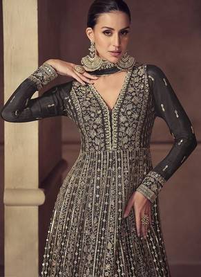 Black embroidered chinon engagement designer readymade anarkali gown with dupatta 2
