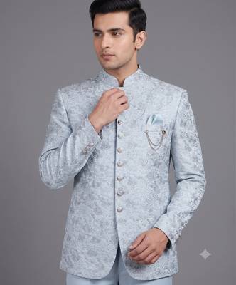 Light blue floral jacquard bandhgala suit for men 2