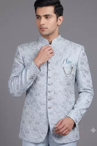 Light blue floral jacquard bandhgala suit for men