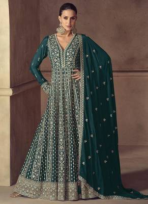 Teal embroidered chinon engagement designer readymade anarkali gown with dupatta 1