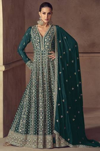 Teal embroidered chinon engagement designer readymade anarkali gown with dupatta