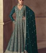 Teal embroidered chinon engagement designer readymade anarkali gown with dupatta