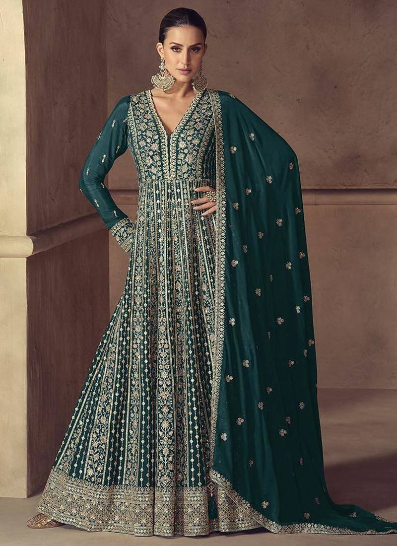 Teal embroidered chinon engagement designer readymade anarkali gown with dupatta