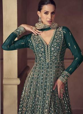 Teal embroidered chinon engagement designer readymade anarkali gown with dupatta 2