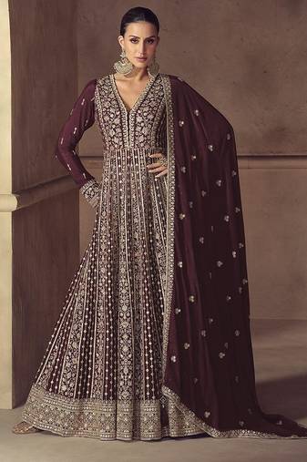 Wine embroidered chinon engagement designer readymade anarkali gown with dupatta