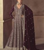 Wine embroidered chinon engagement designer readymade anarkali gown with dupatta