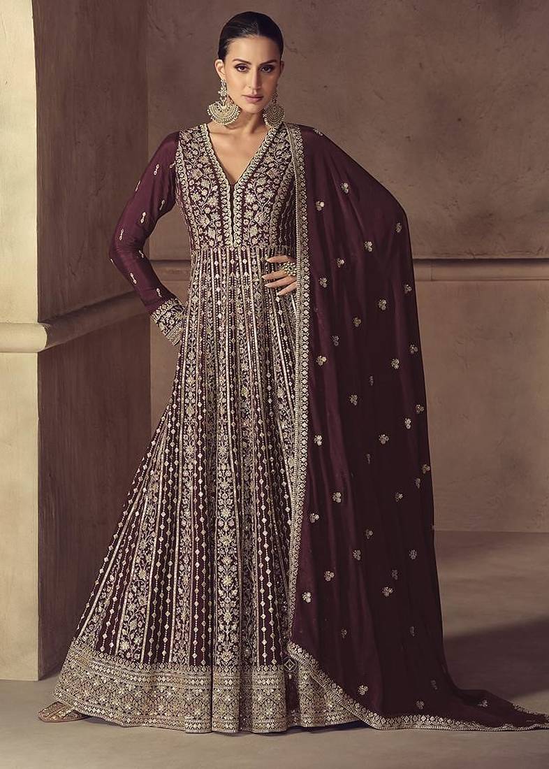 Wine embroidered chinon engagement designer readymade anarkali gown with dupatta