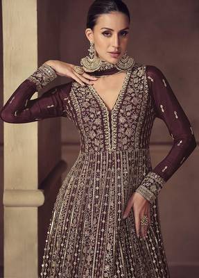 Wine embroidered chinon engagement designer readymade anarkali gown with dupatta 2