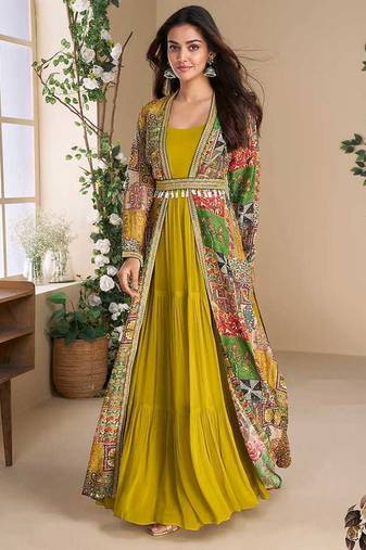 Mustard georgette readymade anarkali gown multicolor silk jacket & belt