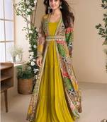 Mustard georgette readymade anarkali gown multicolor silk jacket & belt