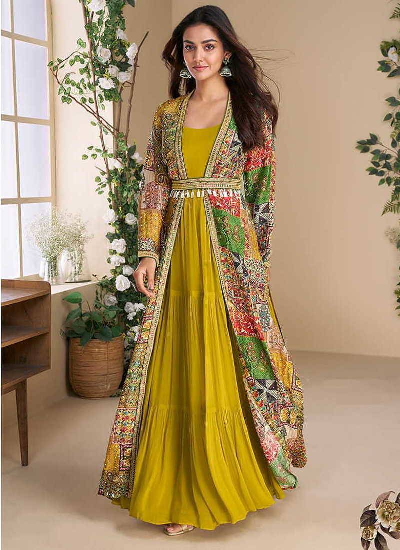 Mustard georgette readymade anarkali gown multicolor silk jacket & belt