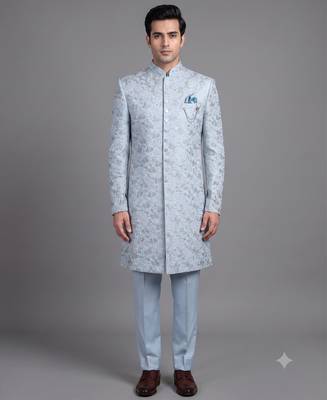 Light blue floral jacquard nawabi suit for men 1
