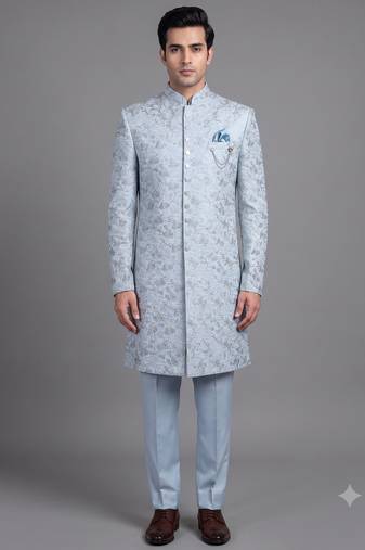 Light blue floral jacquard nawabi suit for men