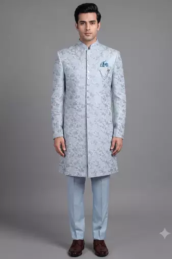 Light blue floral jacquard nawabi suit for men