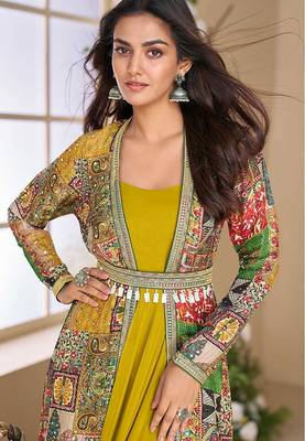 Mustard georgette readymade anarkali gown multicolor silk jacket & belt 2